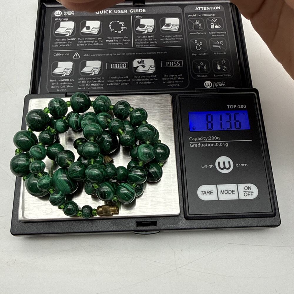 Vintage Graduated Malachite Bead Necklace Green Banded Stone 22" Estate 81.36 G - Picture 5 of 13